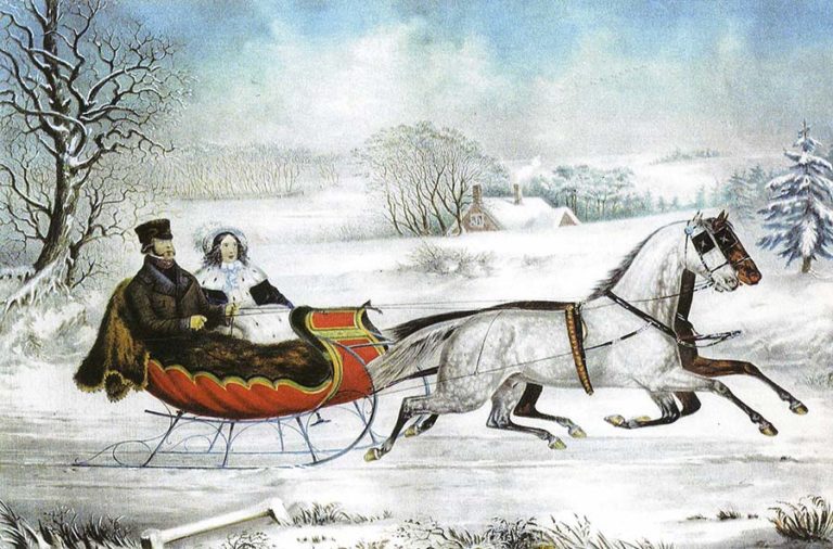 Antique print of old-fashioned horse-drawn carriage in snow